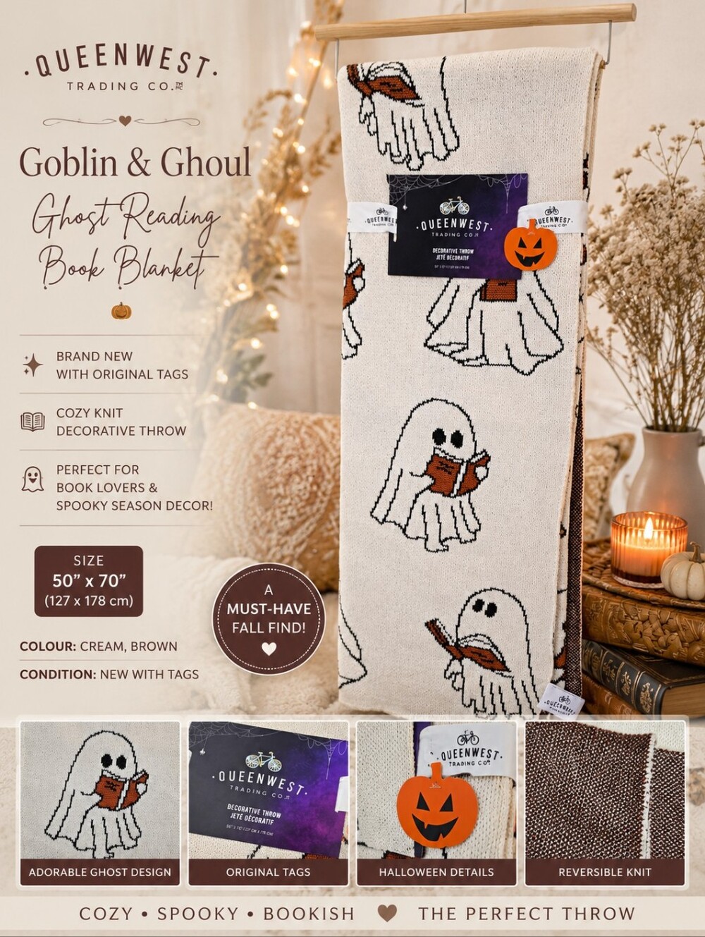 👻📚VIRAL HTF Goblin & Ghoul Ghost Reading Book Blanket NWT 50x70 Halloween